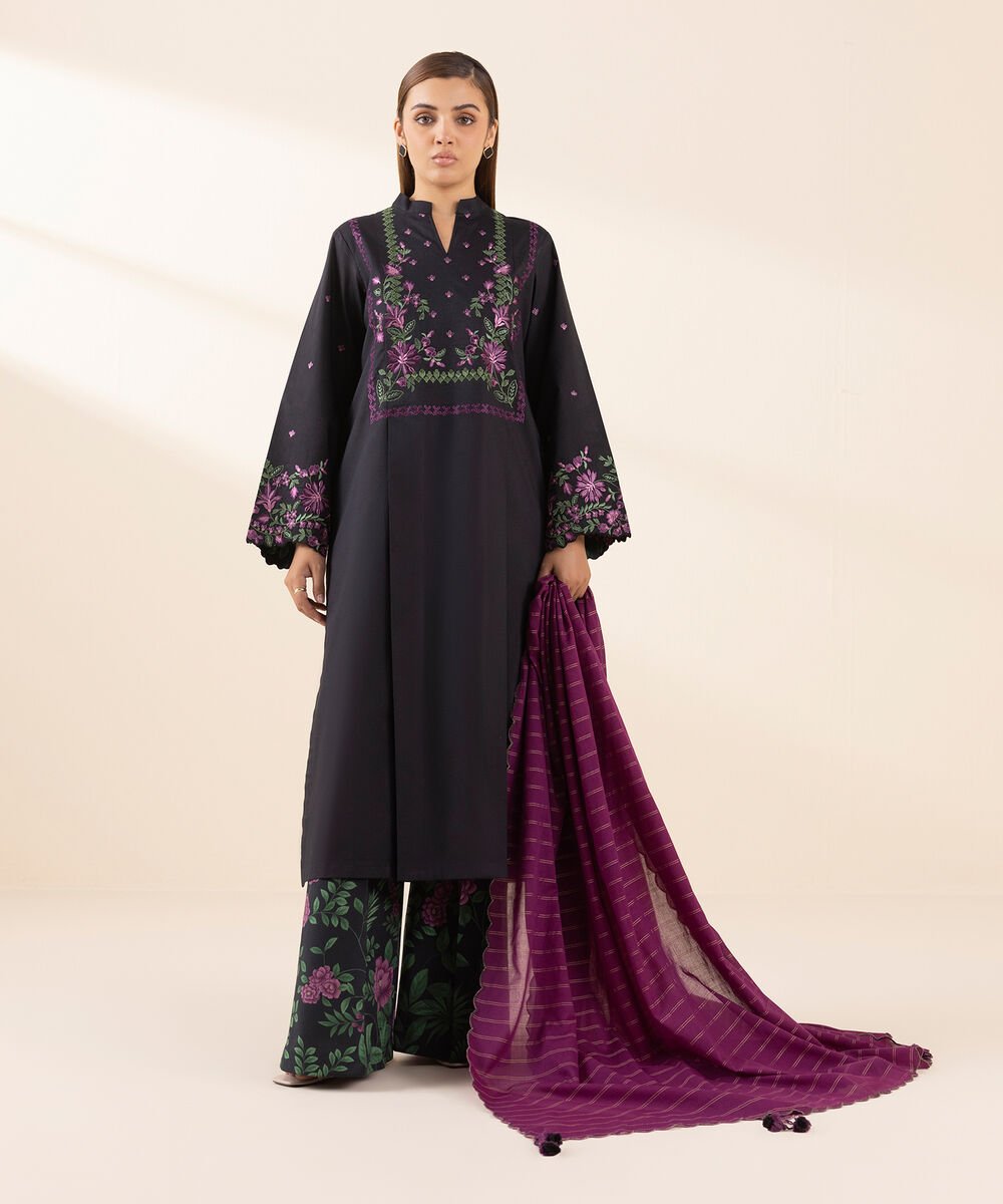 Women's Unstitched Lawn Embroidered Black 3 Piece Suit