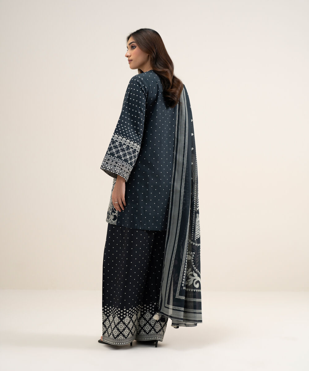 Women's Unstitched Lawn Embroidered Black and Off White 3 Piece Suit