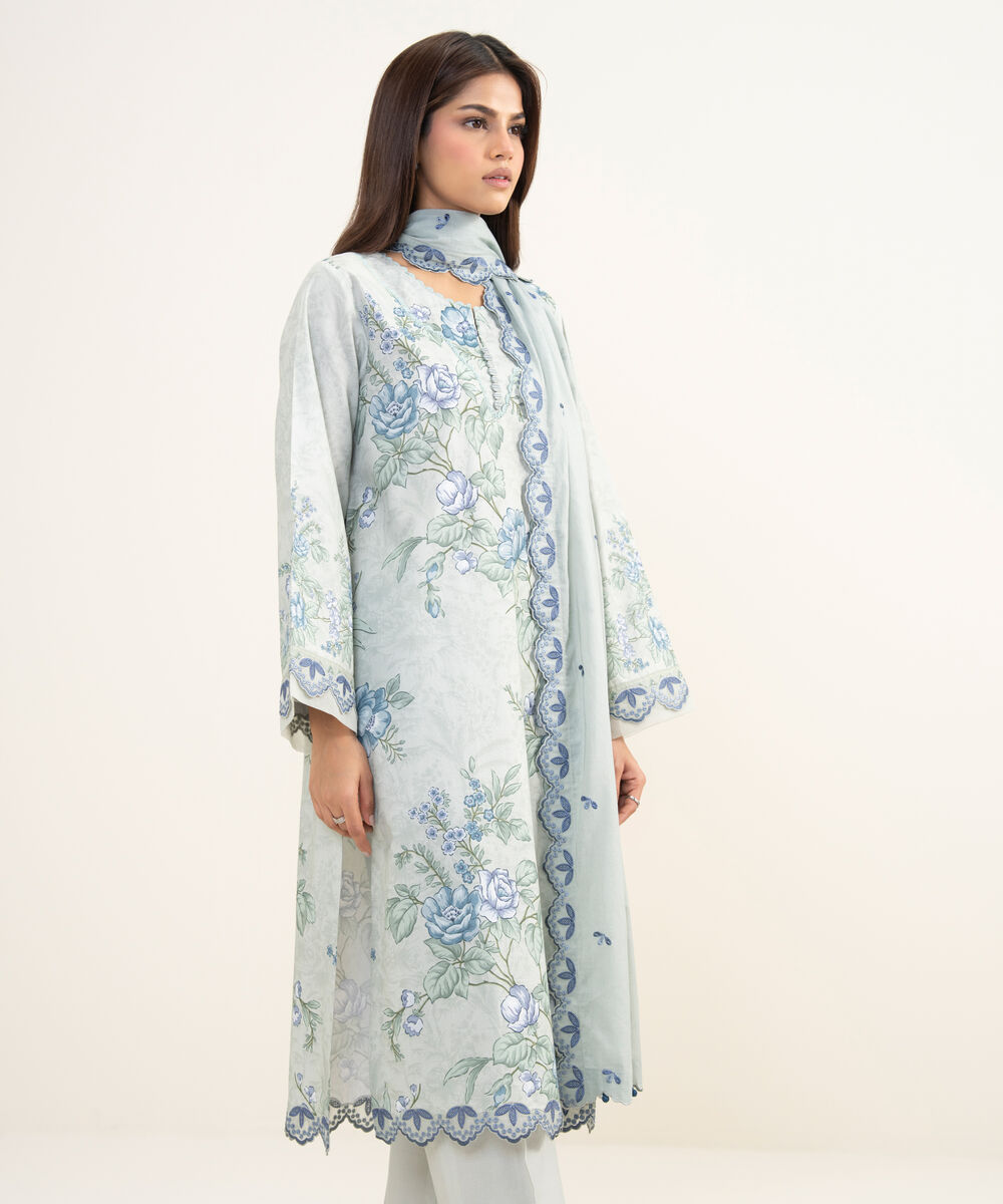 Women's Unstitched Lawn Embroidered Grey 3 Piece Suit