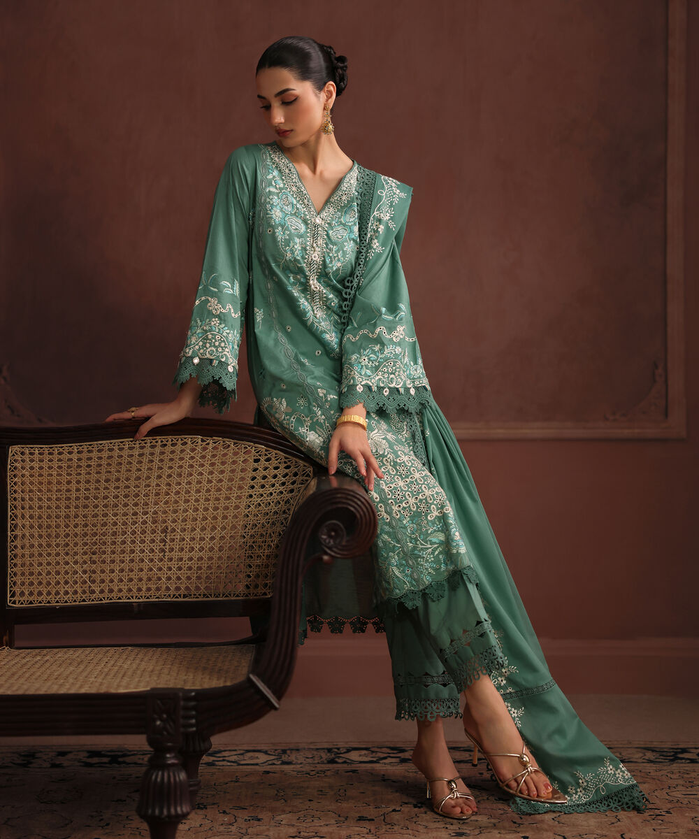 Women's RTW Self Jacquard Solid Embroidered Sand Green 3 Piece Suit