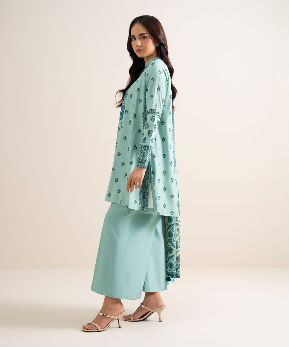Women's Unstitched Embroidered Linen Light Aqua 3 Piece Suit