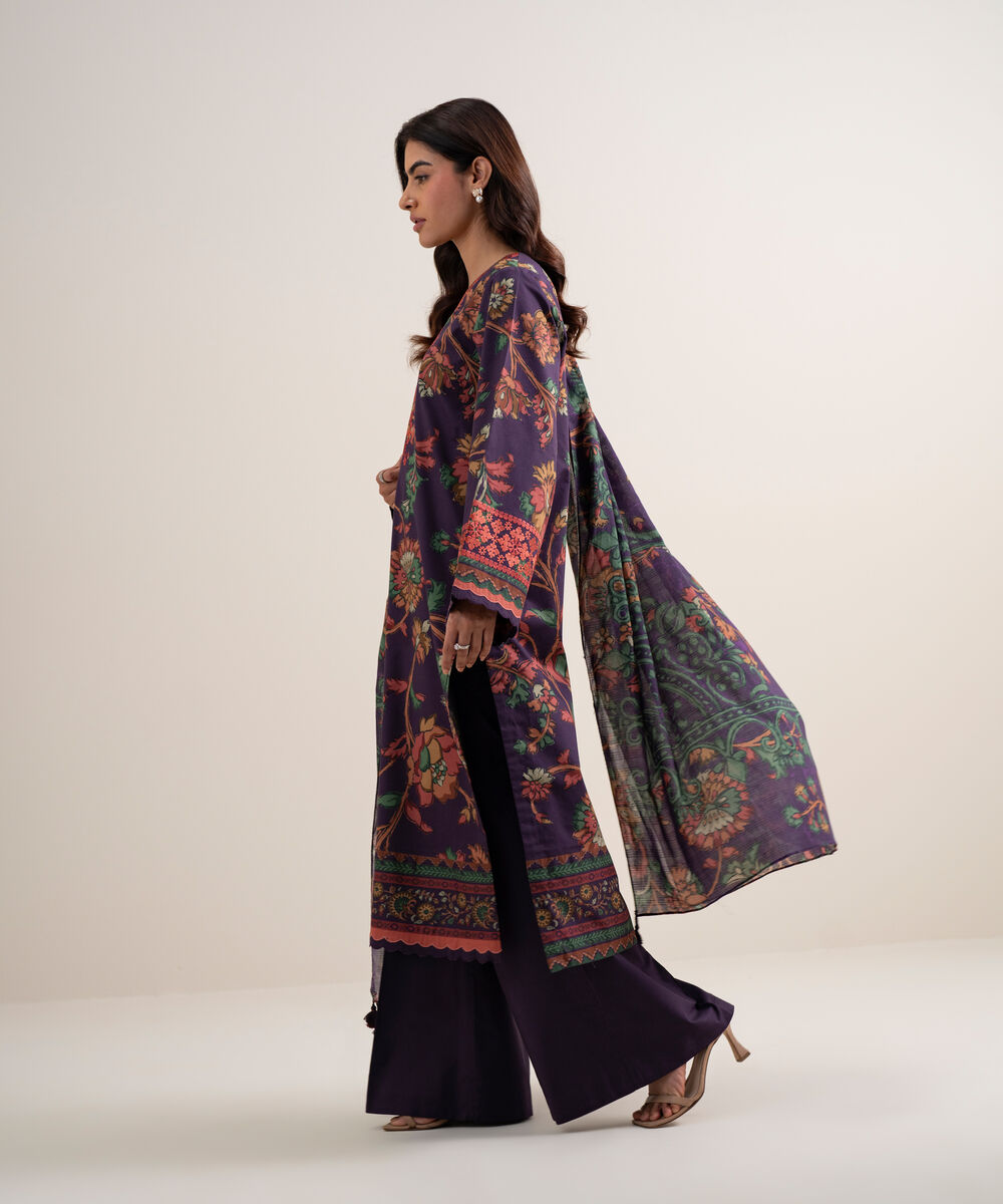 Women's Unstitched Lawn Embroidered Purple 3 Piece Suit