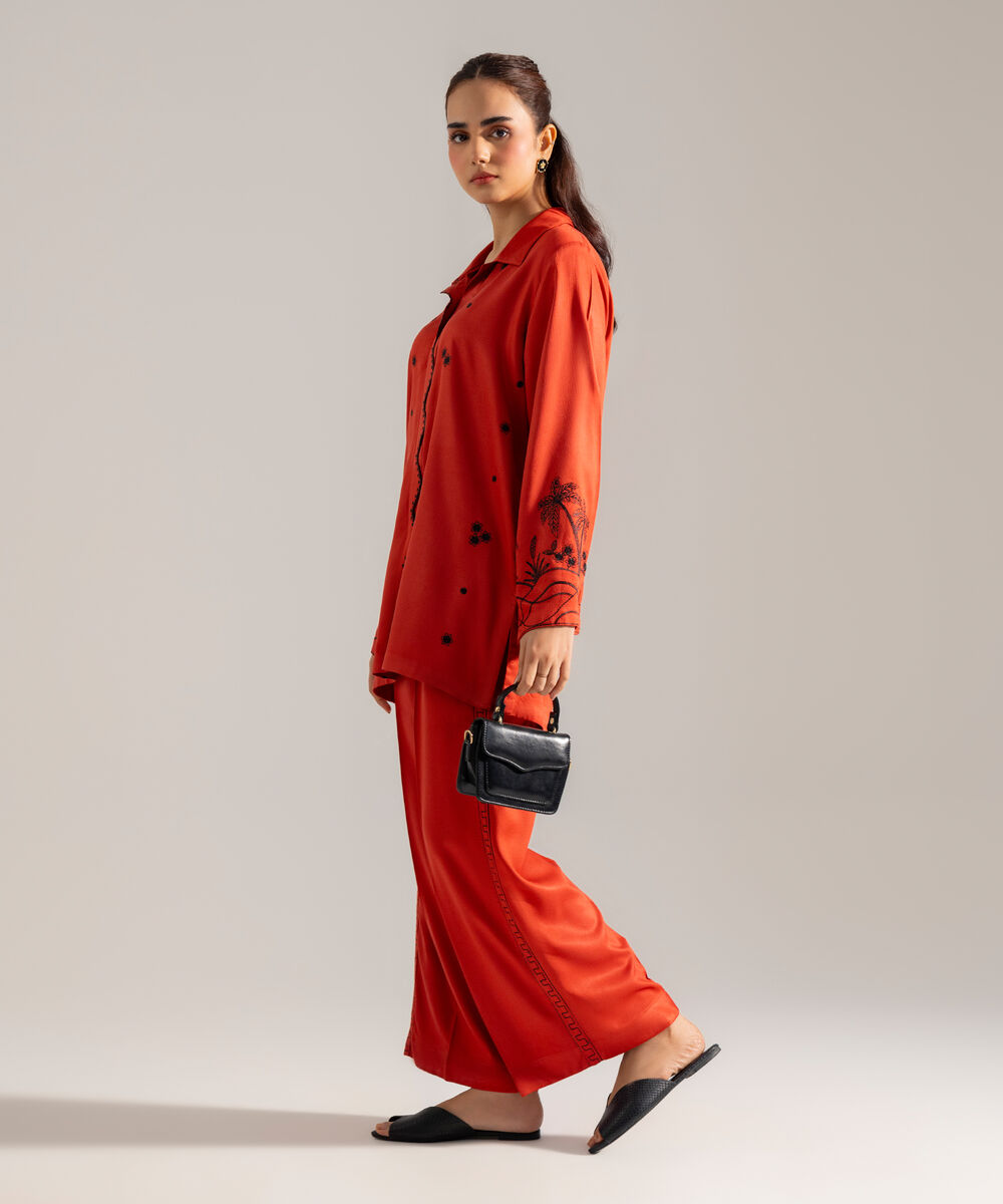 Women's RTW Solid Embroidered Rust Bedford Shirt
