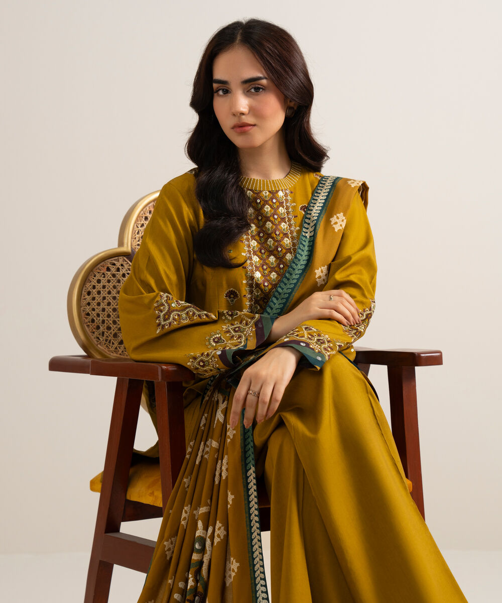 Women's Unstitched Embroidered Linen Mustard 3 Piece Suit