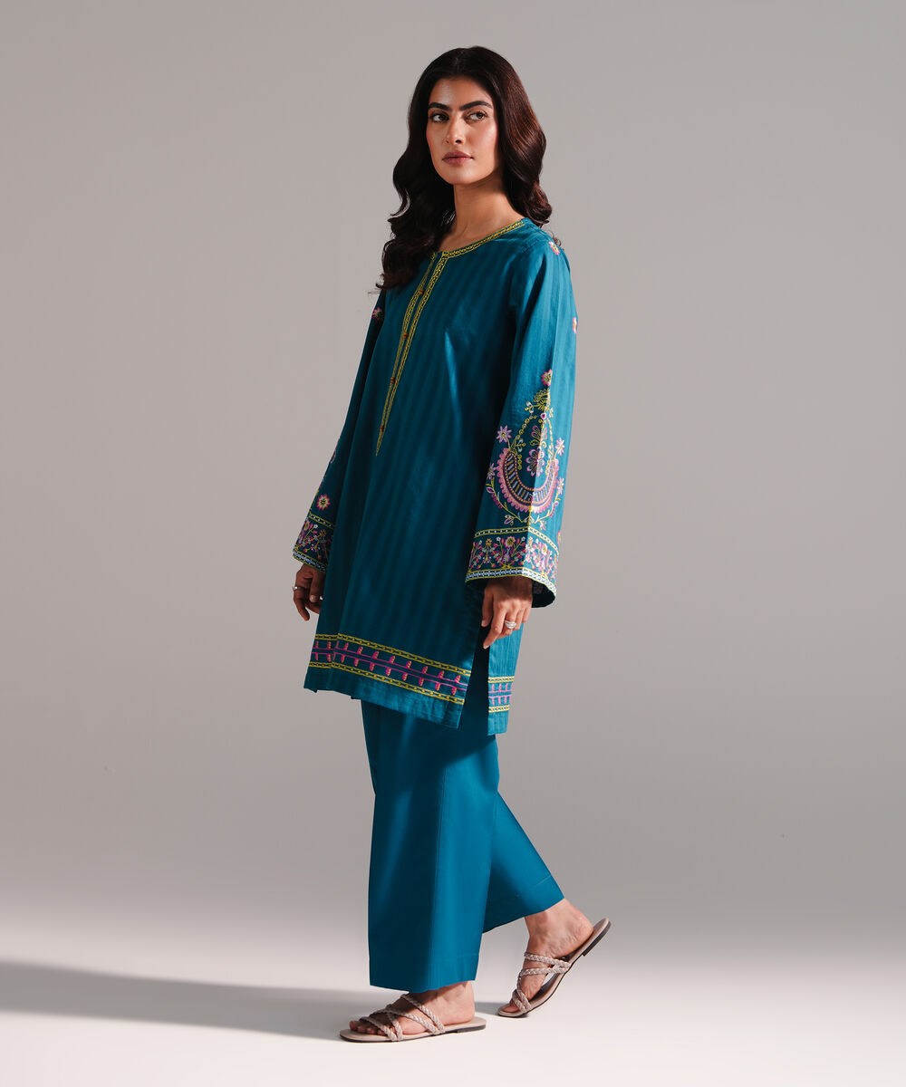 Women's RTW Dobby Embroidered Teal 2 Piece Suit