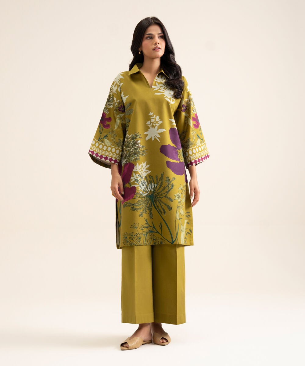 Women's Unstitched Cotton Printed Mustard 2 Piece Suit