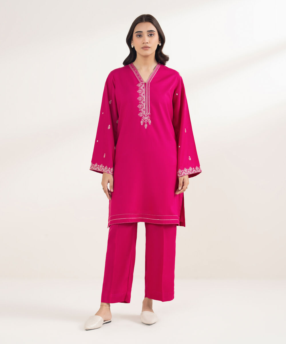 Women's RTW Viscose Linen Embroidered Pink Shirt