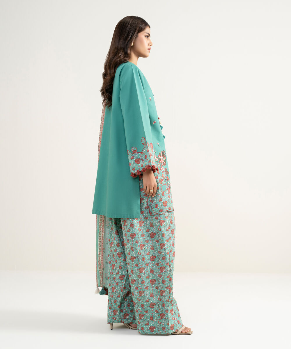 Women's Unstitched Textured Lawn Embroidered Green 3 Piece Suit