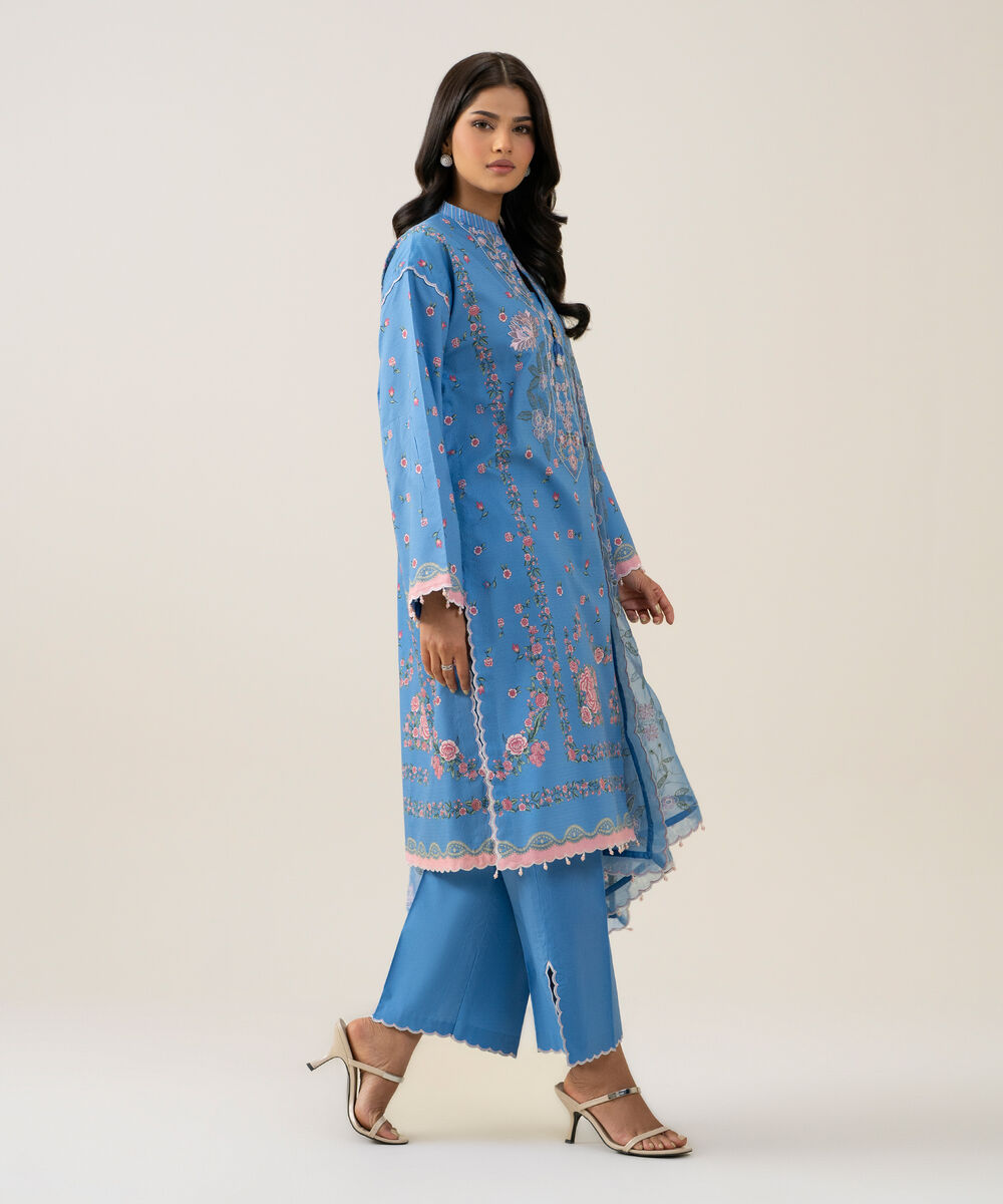 Women's Unstitched Blended Chiffon Printed Blue 3 Piece Suit