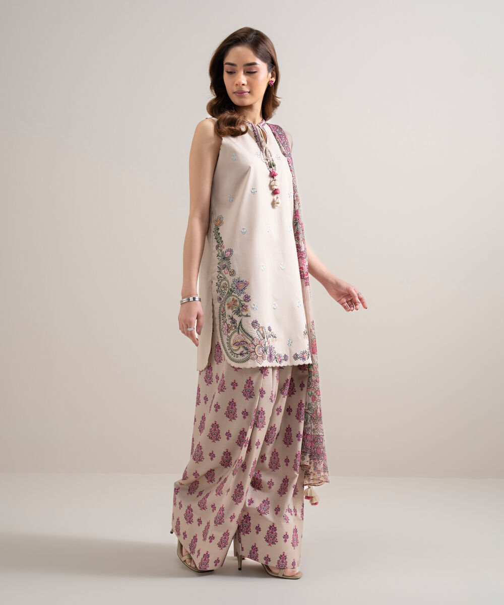 Women's Unstitched Textured Lawn Embroidered Beige   3 Piece Suit