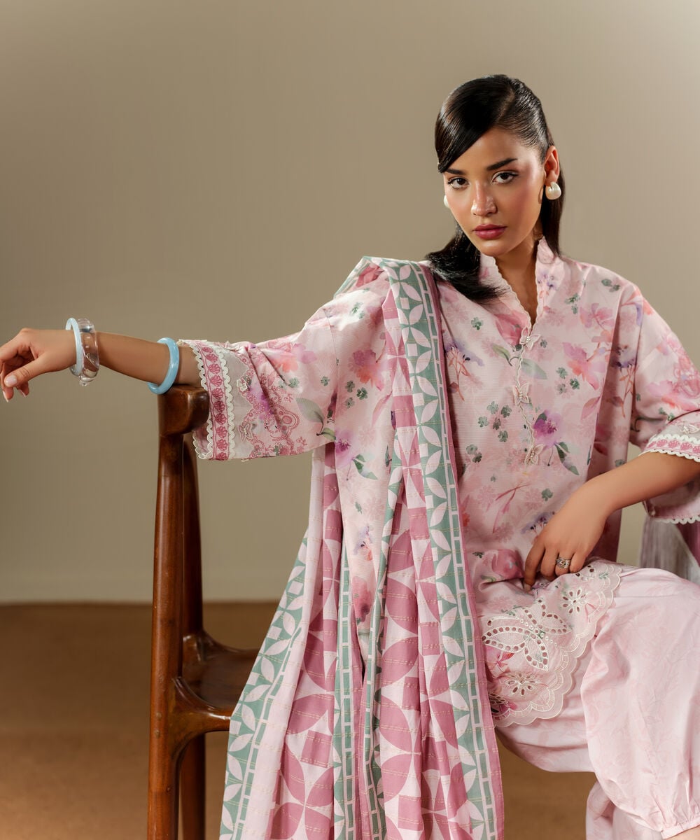 Women's Unstitched Zari Lawn Embroidered Pink 3 Piece Suit