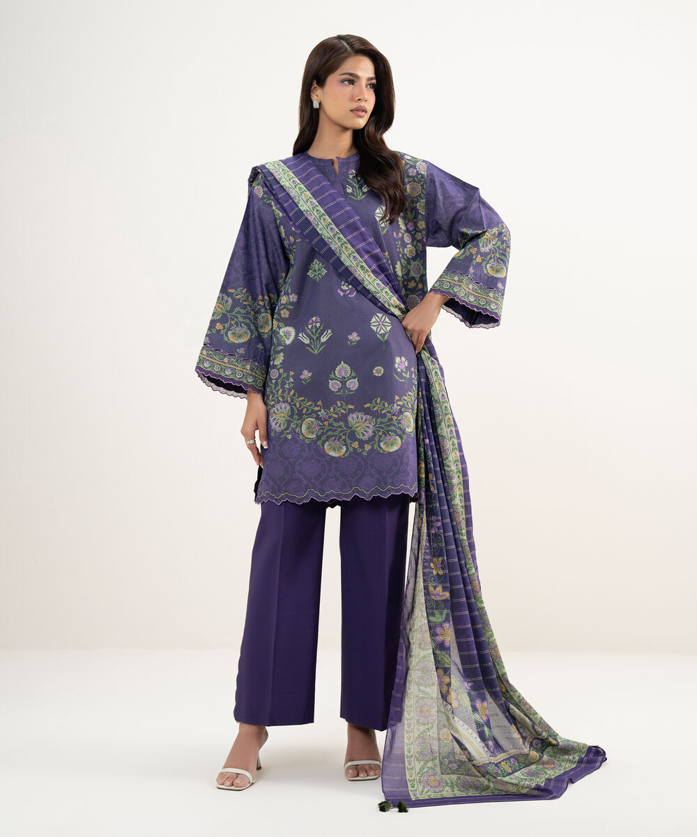 Women's Unstitched Zari Lawn Purple Printed 3 Piece Suit