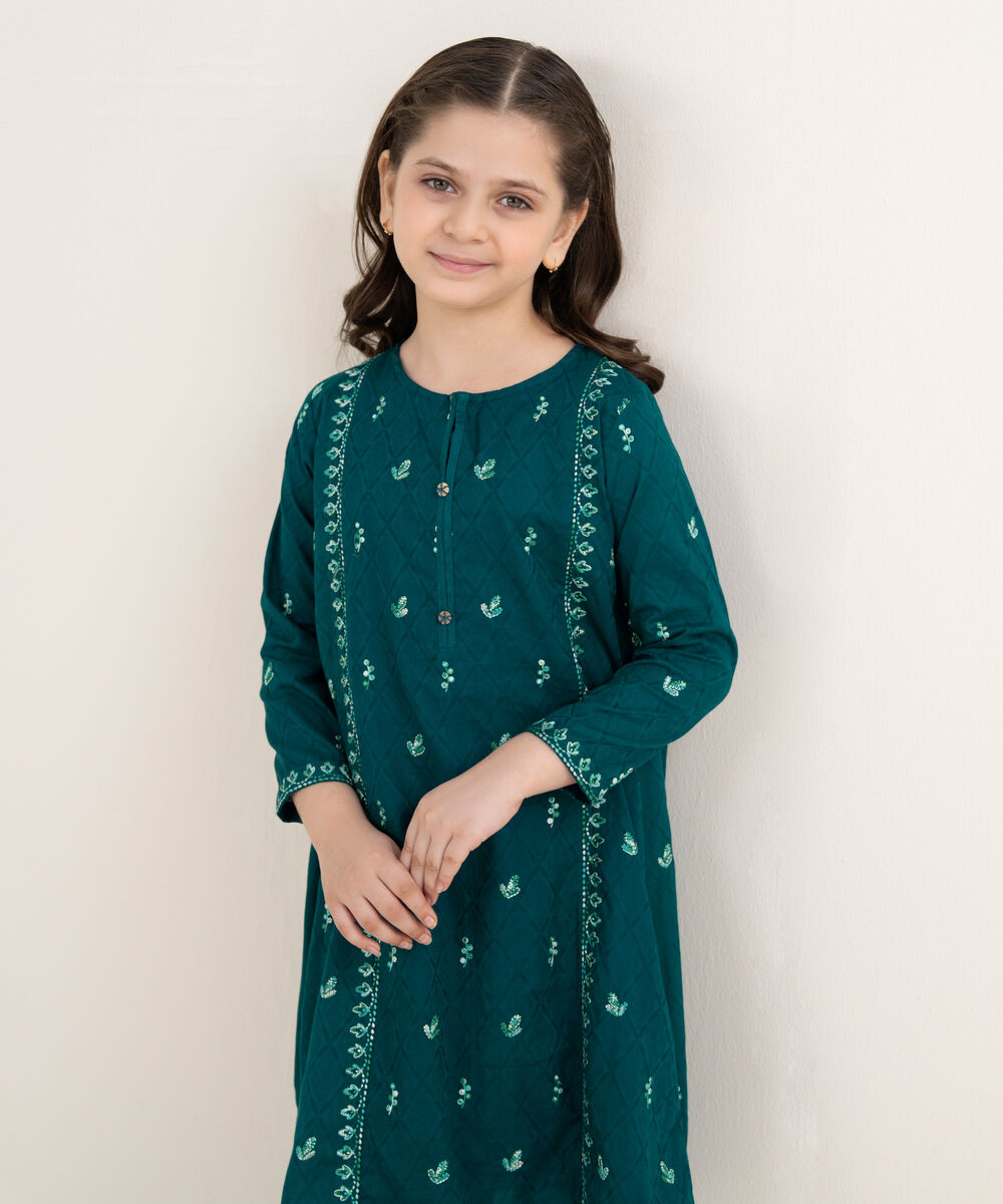 Girl's Cotton Jacquard Embroidered Teal 2 Piece Set