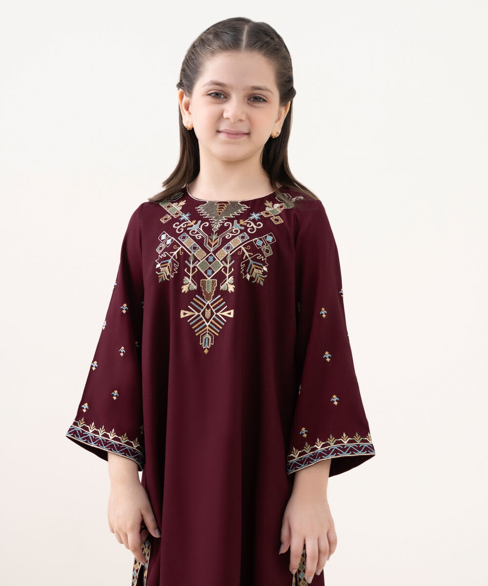 Girl's Bedford  Embroidered Maroon 2 Piece Suit
