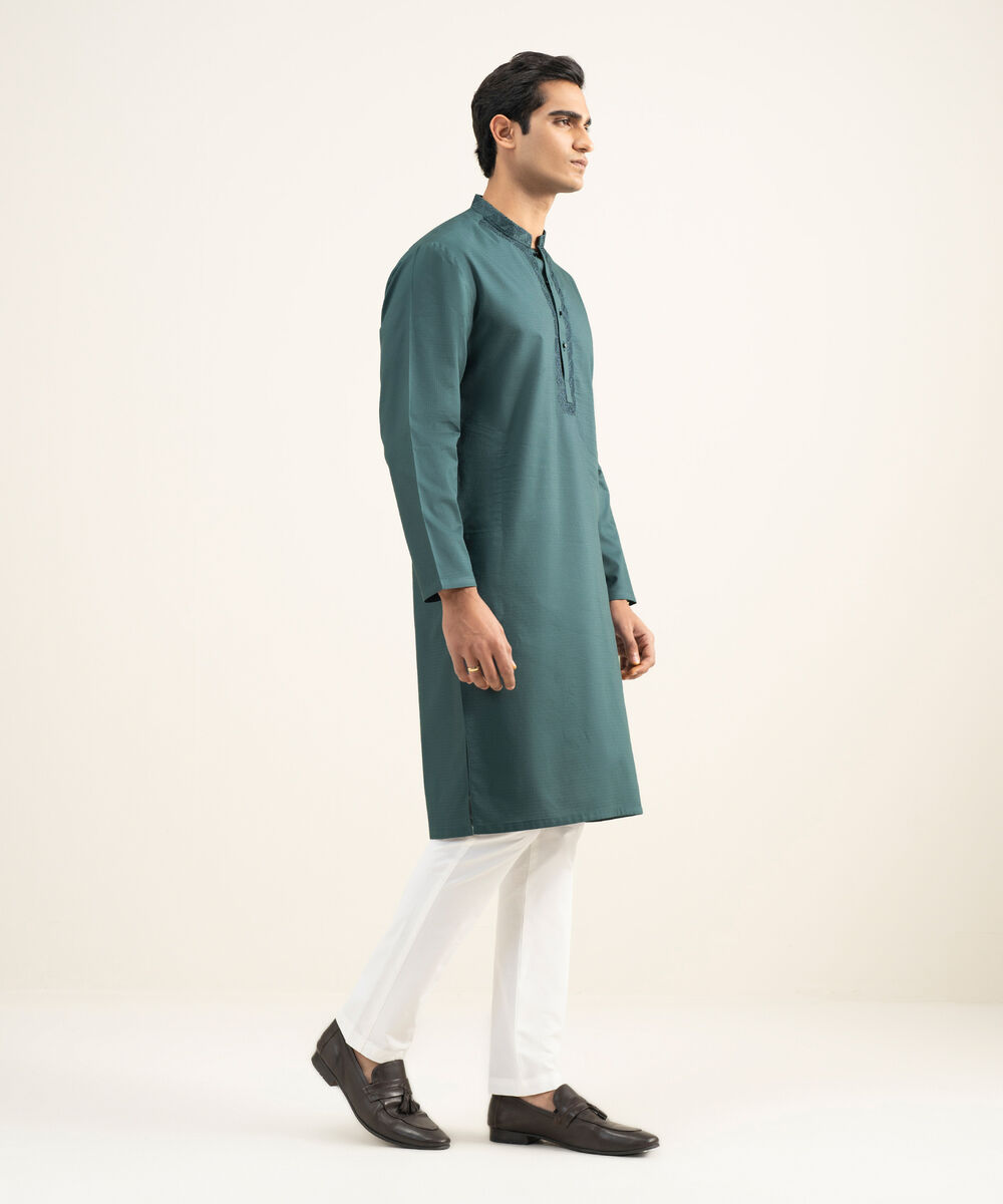 Men's Stitched Cotton Jacquard Sage Blue Kurta