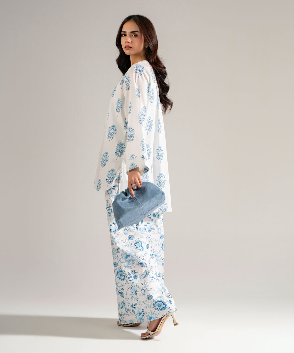 Women's RTW Slub Lawn Printed White Straight Shirt