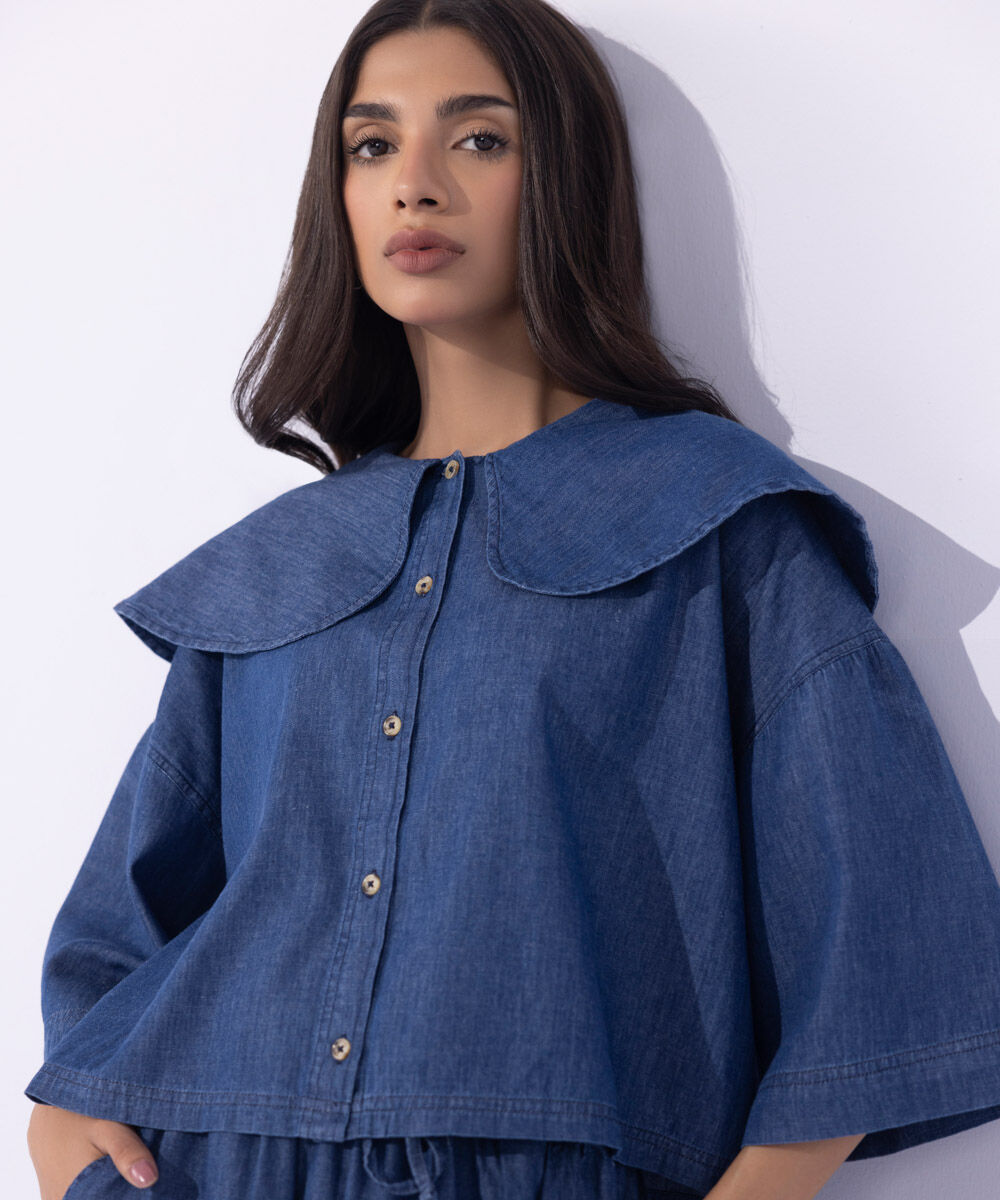 Women's Western Wear Blue Peter Pan Cropped Shirt