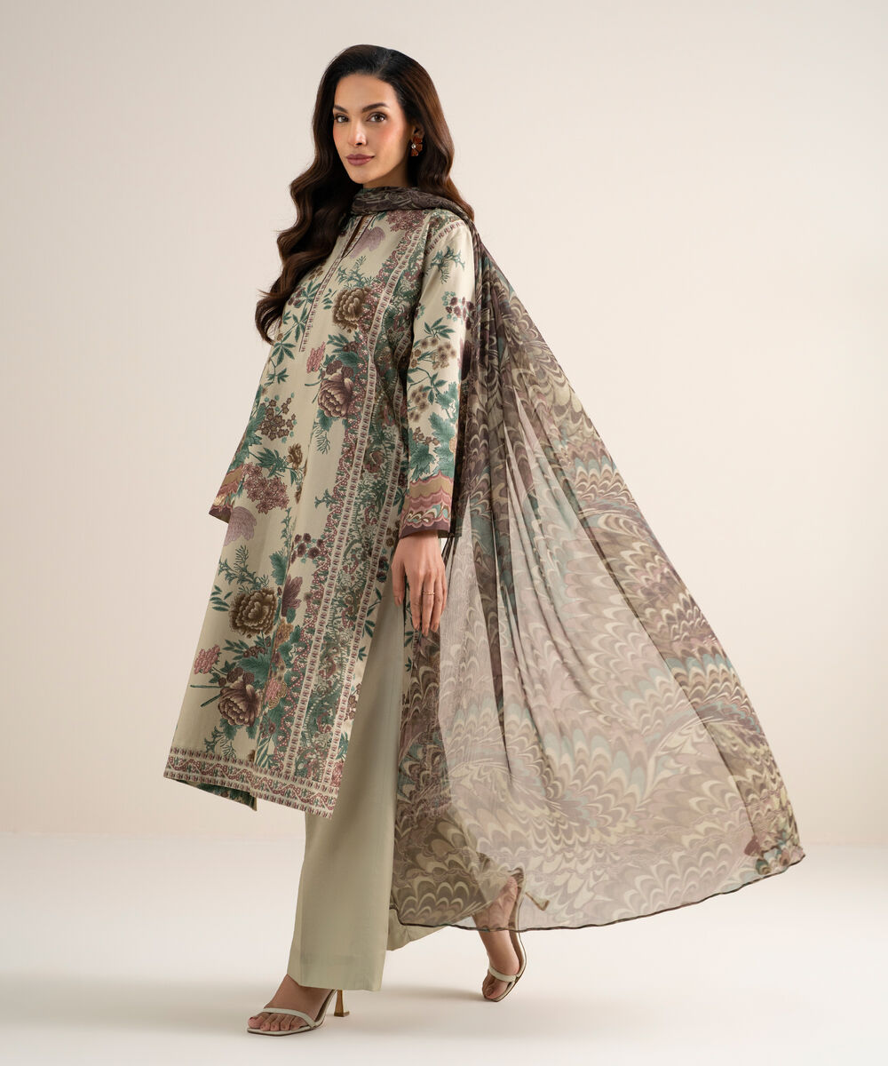 Women's Unstitched Cotton Printed Light Beige  3 Piece Suit