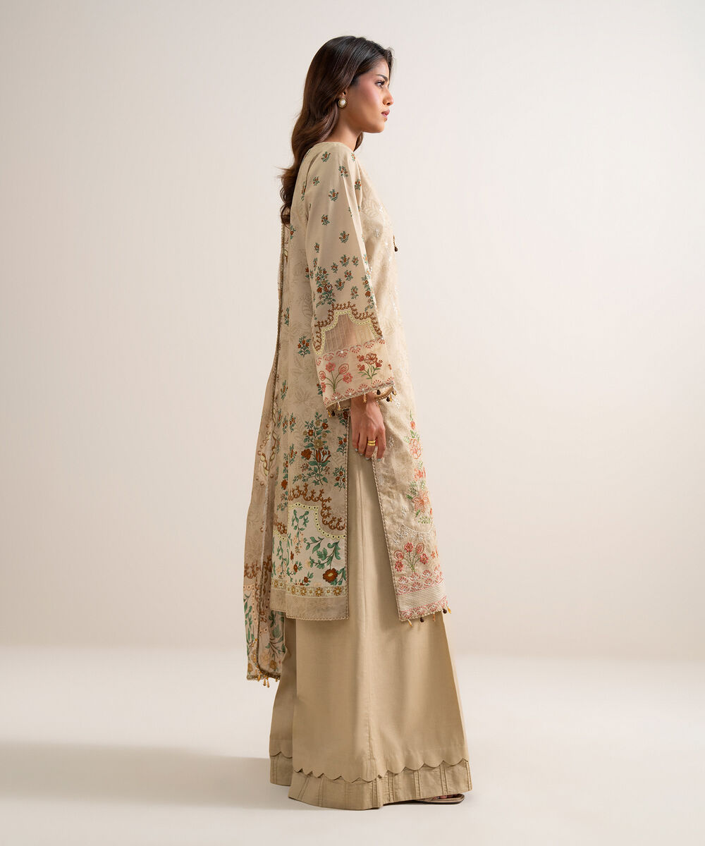 Women's Unstitched Lawn Embroidered Beige 3 Piece Suit