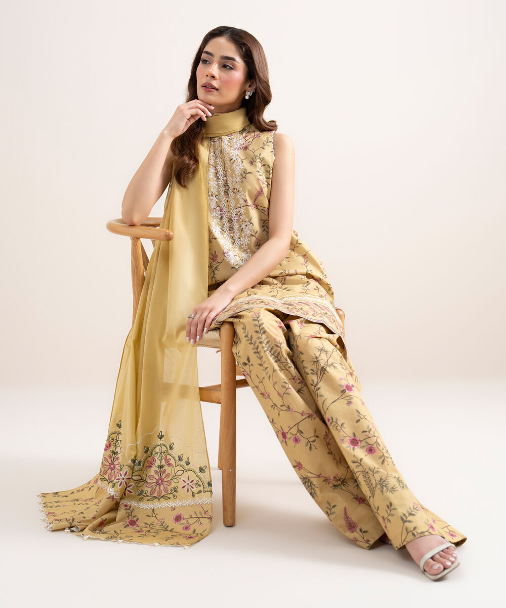 Women's Unstitched Lawn Embroidered Yellow 3 Piece Suit