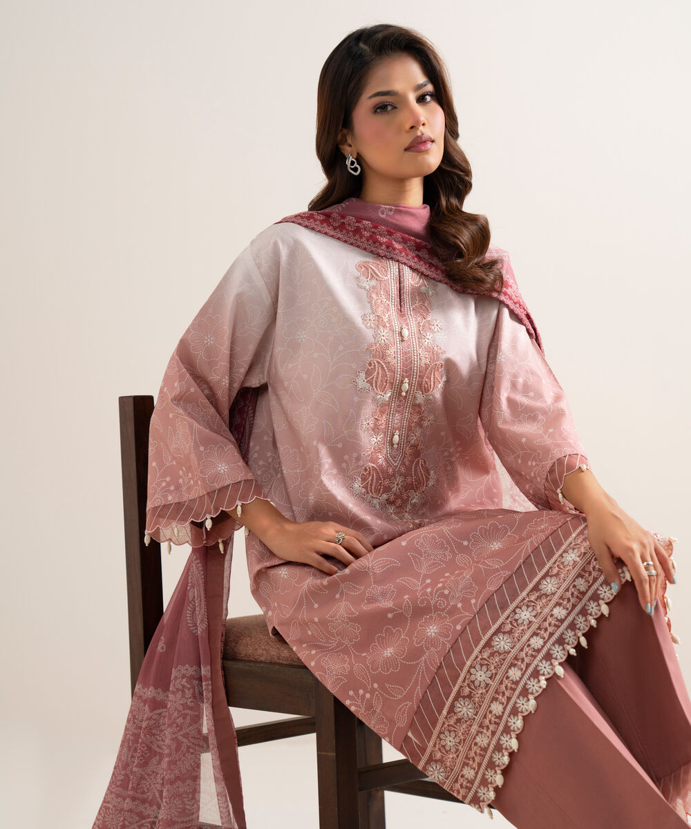 Women's Unstitched Lawn Embroidered Pink 3 Piece Suit