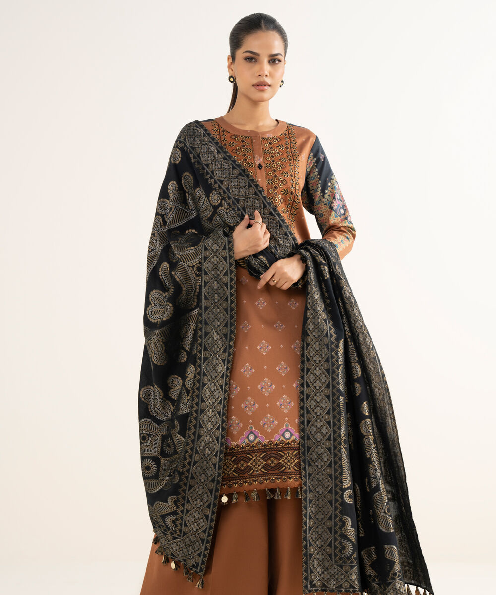 Women's Unstitched Fine Cotton Satin Embroidered Brown  3 Piece Suit