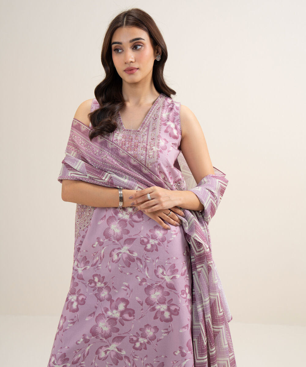Women's Unstitched Lawn Embroidered Purple 3 Piece Suit