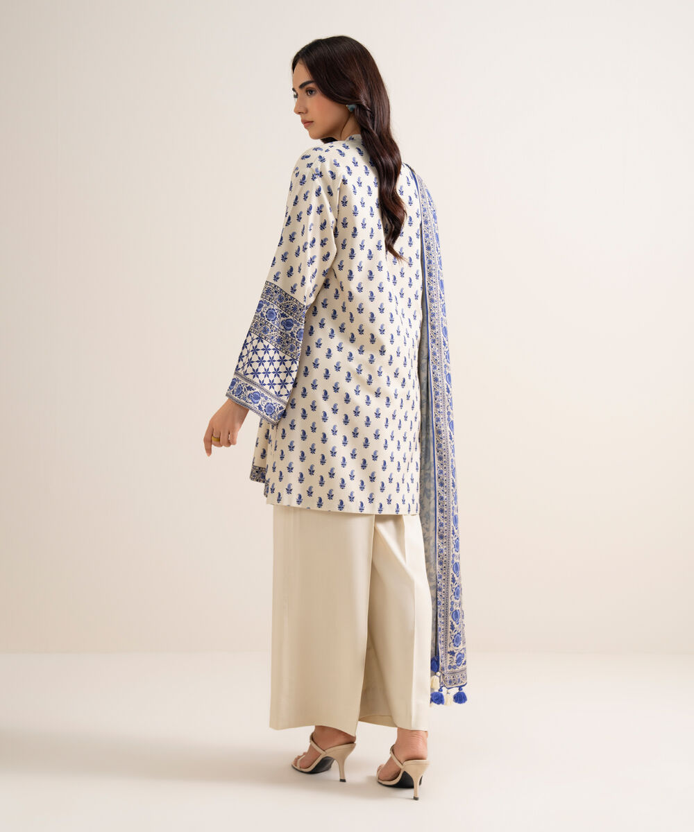 Women's Unstitched Embroidered Linen Offwhite 3 Piece Suit