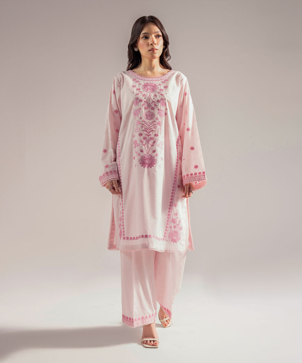 Women's RTW Self Jacquard Embroidered Pink 2 Piece Suit