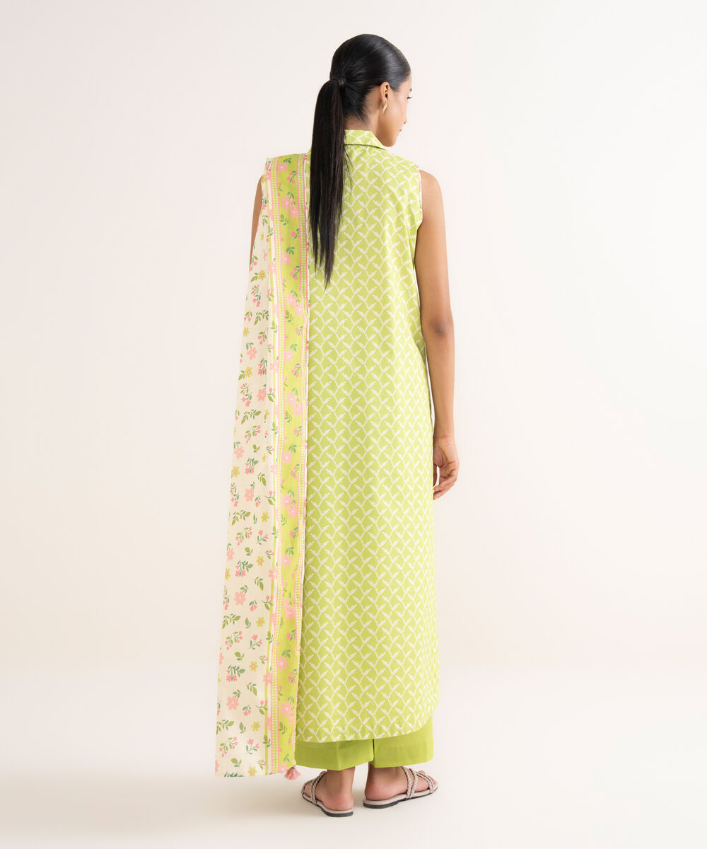 Women's Unstitched Cotton Printed Green 3 Piece Suit