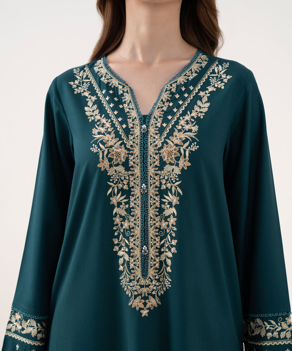 Women's RTW Cotton Viscose Embroidered Straight Green Shirt