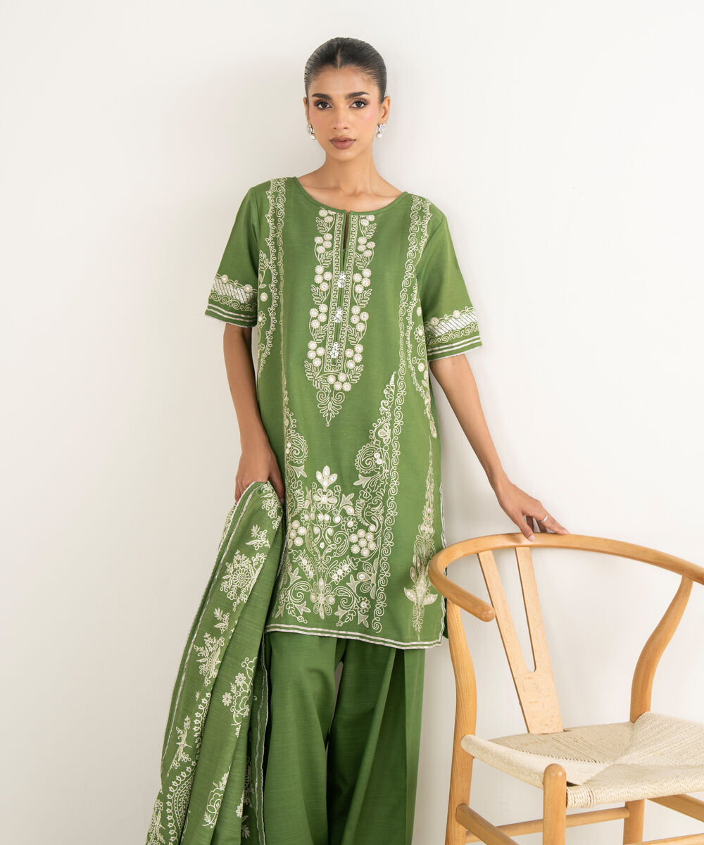 Women's Unstitched Light Khaddar Embroidered Green 3 Piece Suit