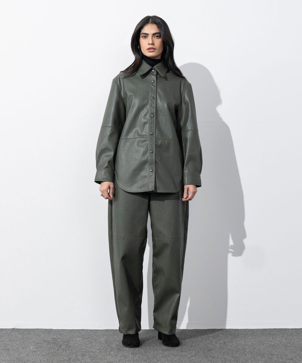 Women's Western Wear Olive Green Loose-Fit Faux Leather Shirt