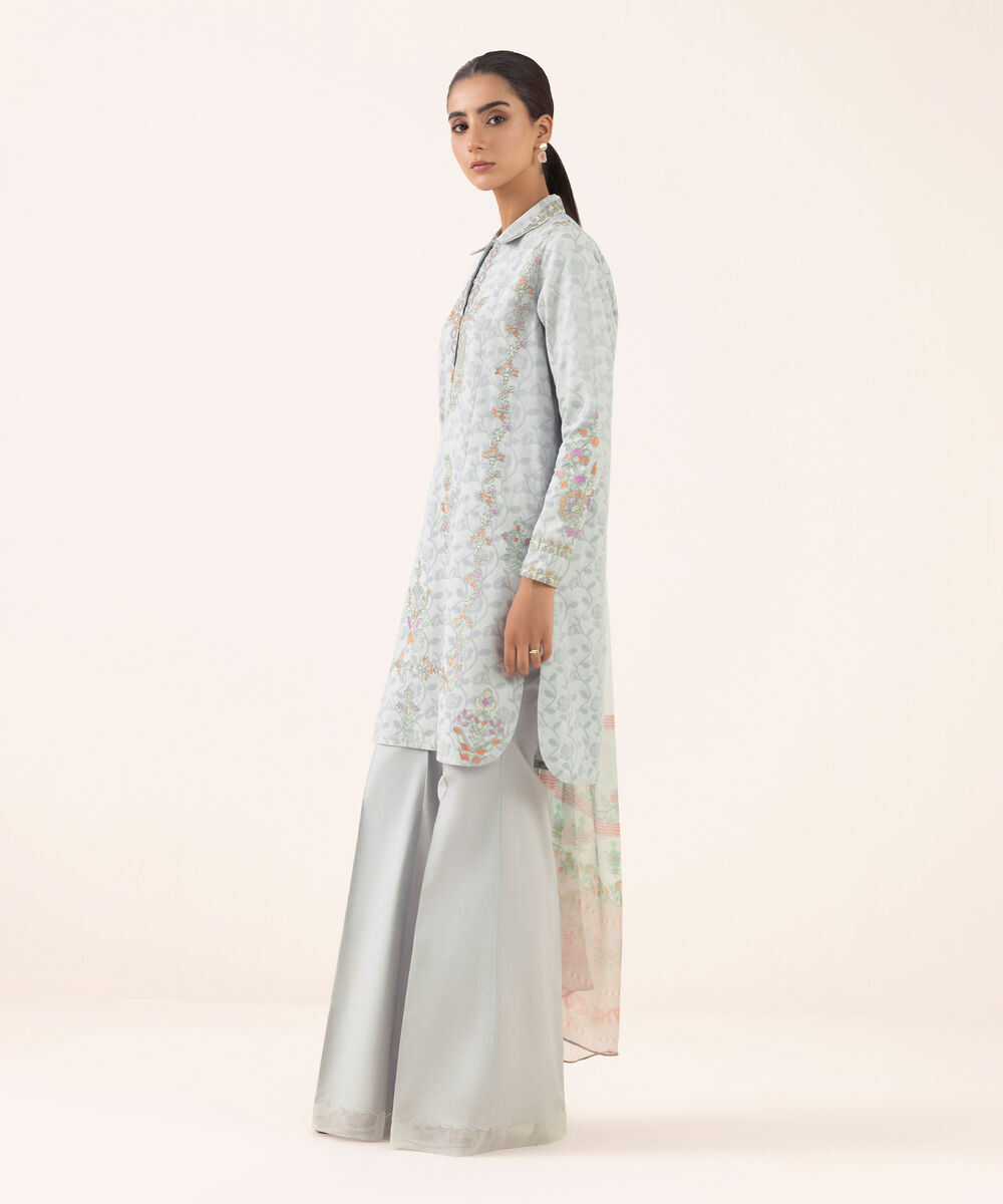 Women's Unstitched Jacquard Embroidered Aqua Three Piece Suit