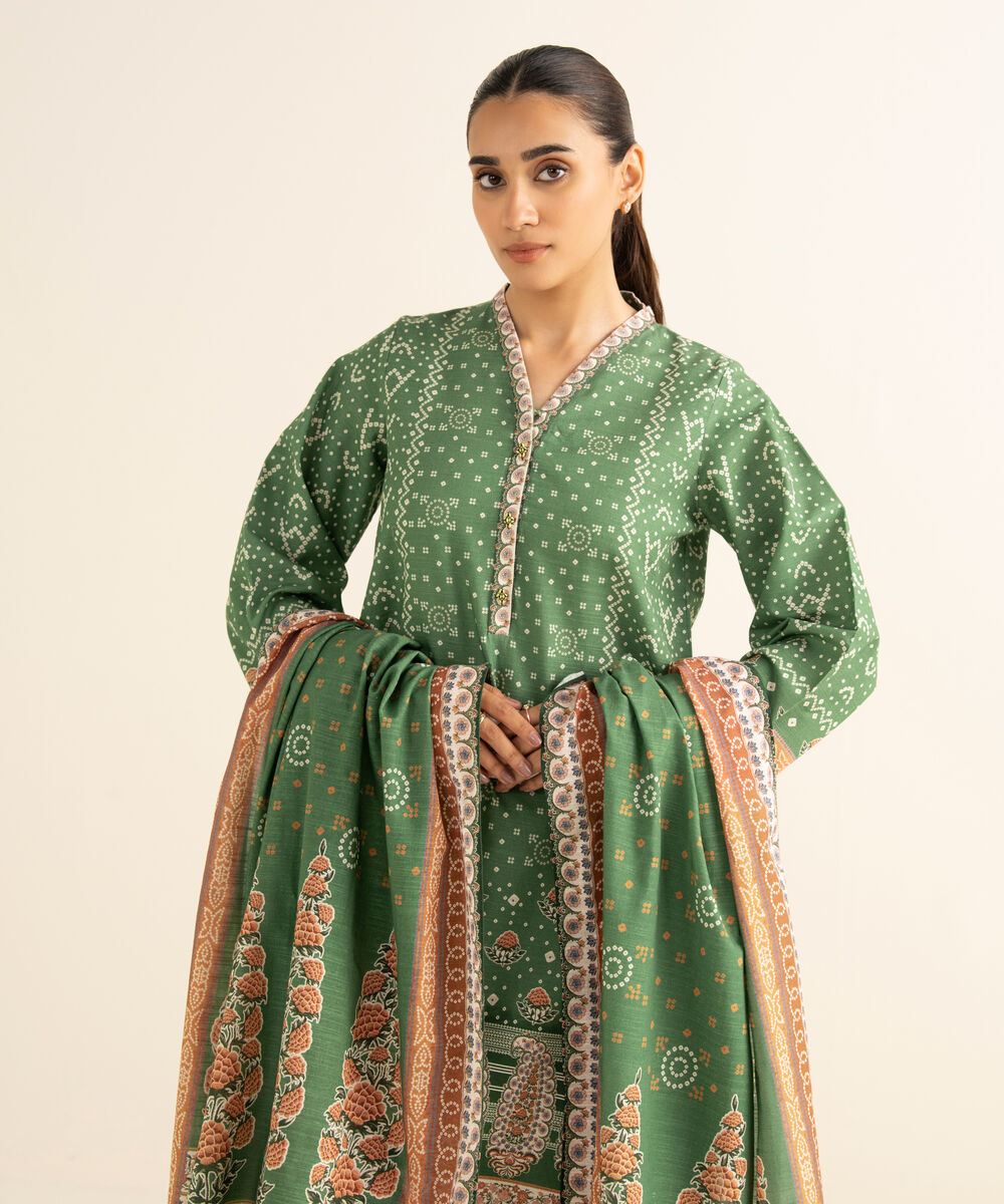 Women's Unstitched Khaddar Printed Green 3 Piece Suit