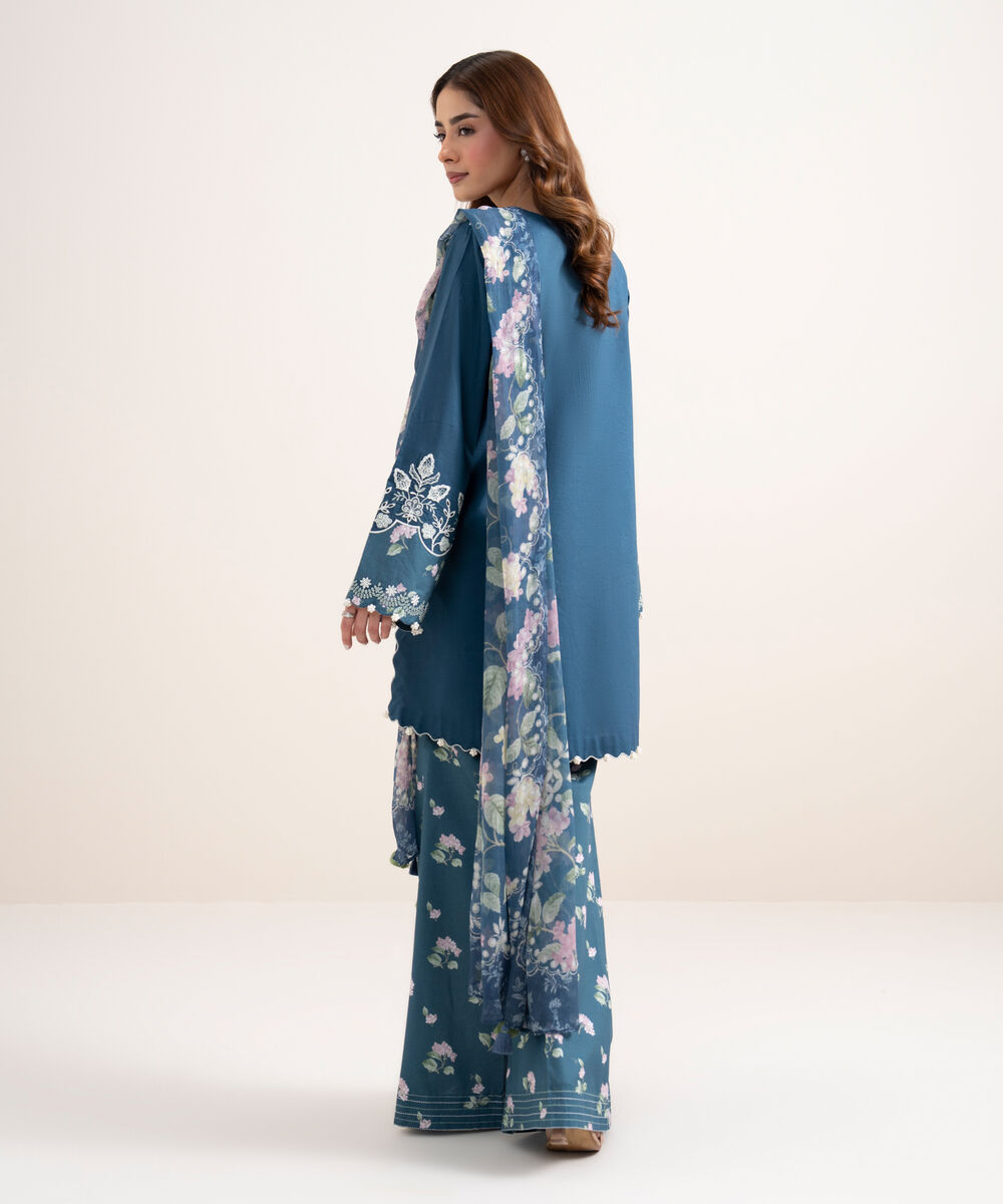Women's Unstitched Dobby Embroidered Blue 3 Piece Suit