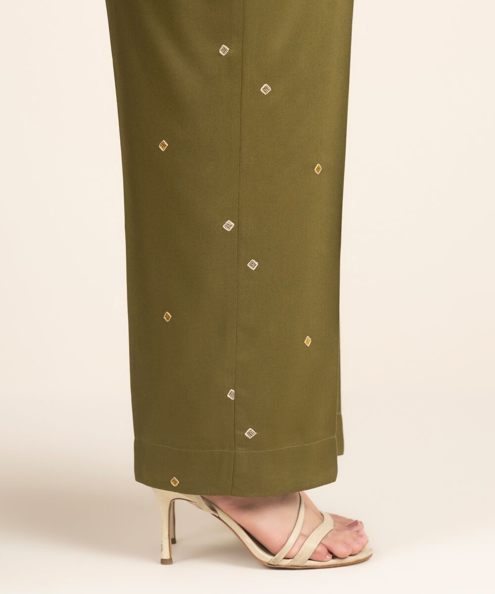 Women's RTW Viscose Marina Embroidered Olive Green Straight Pants