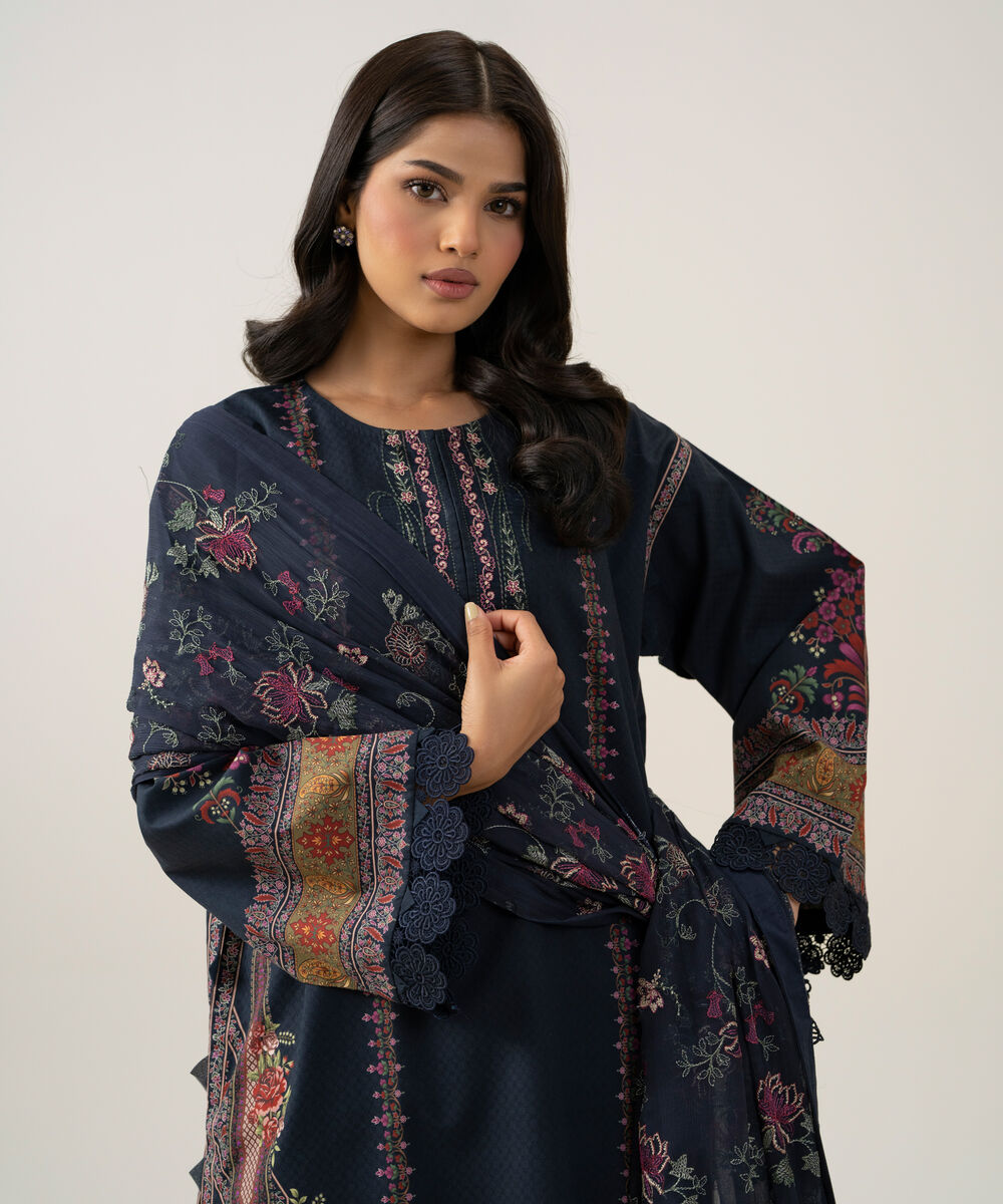 Women's Unstitched Blended Chiffon Printed Plum 3 Piece Suit