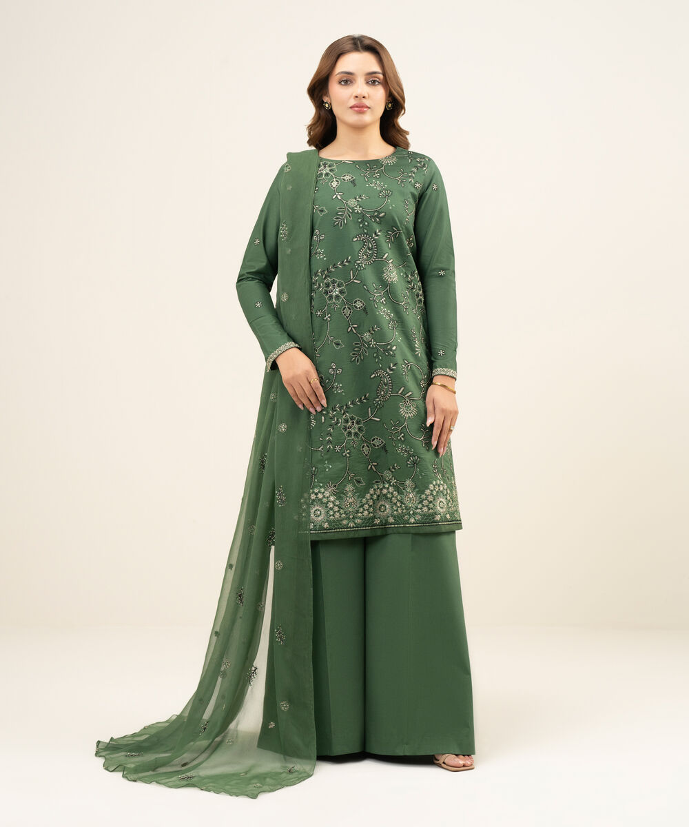 Women's Unstitched Textured Lawn Green Embroidered 3 Piece Suit