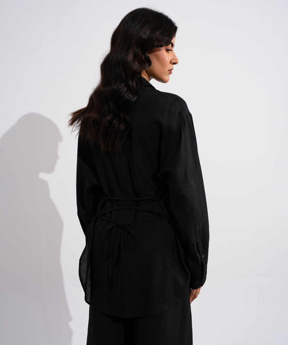Women's Black Textured Button Through Shirt