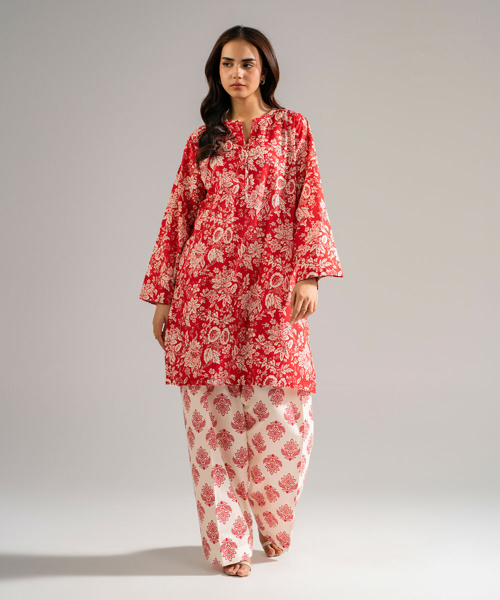 Women's RTW Lawn Printed Red Straight Shirt