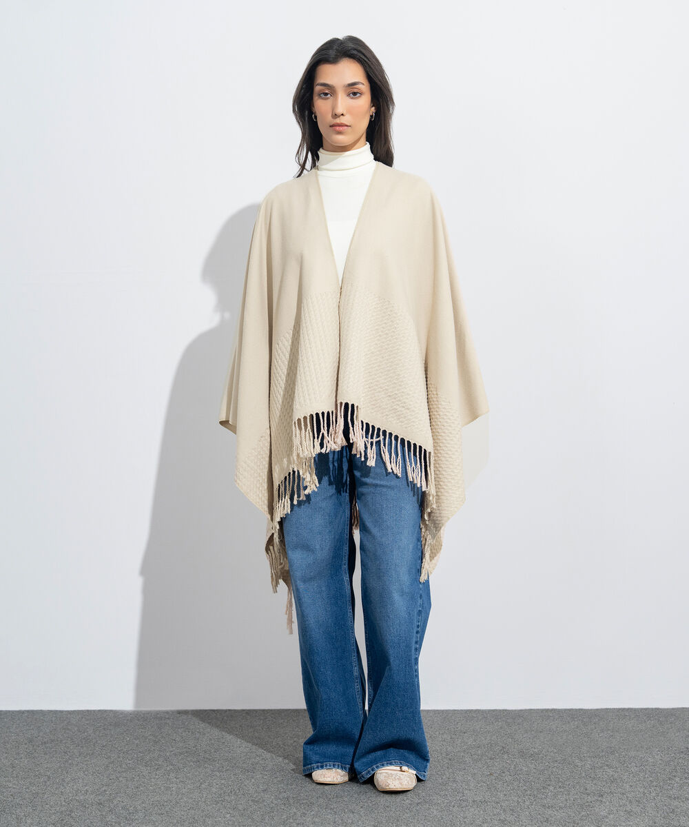 Women's Western Wear Beige Textured Cape Shawl