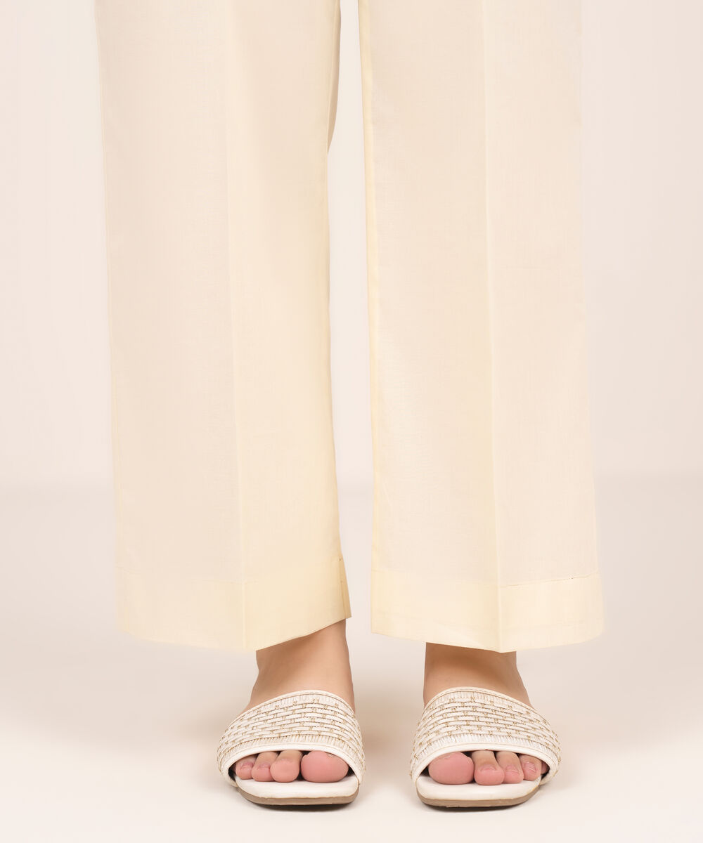 Women's RTW Cambric Beige Solid Straight Pants