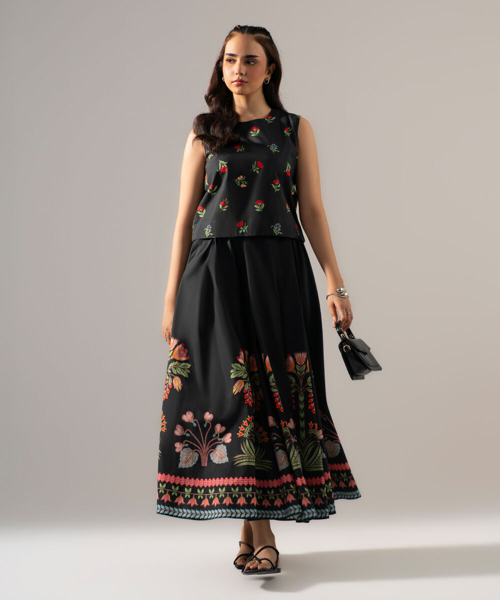 Women's RTW Poplin Printed Black Top