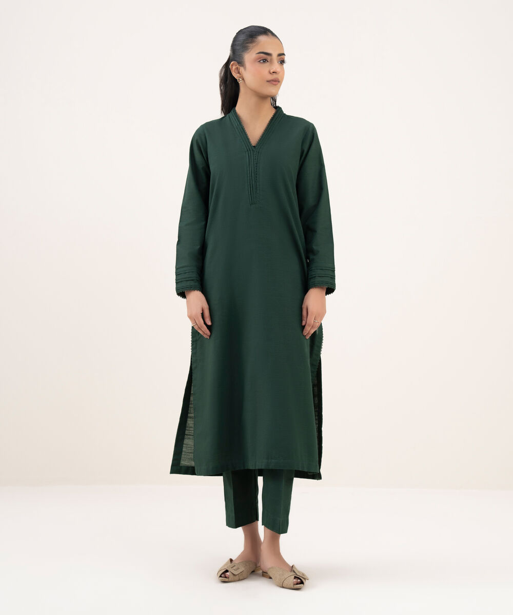 Women's RTW Khaddar Solid A-Line Green Shirt