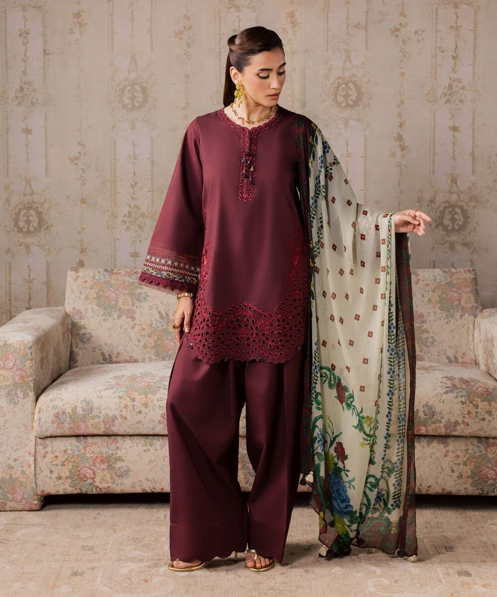 Women's Unstitched Textured Lawn Embroidered Red 3 Piece Suit