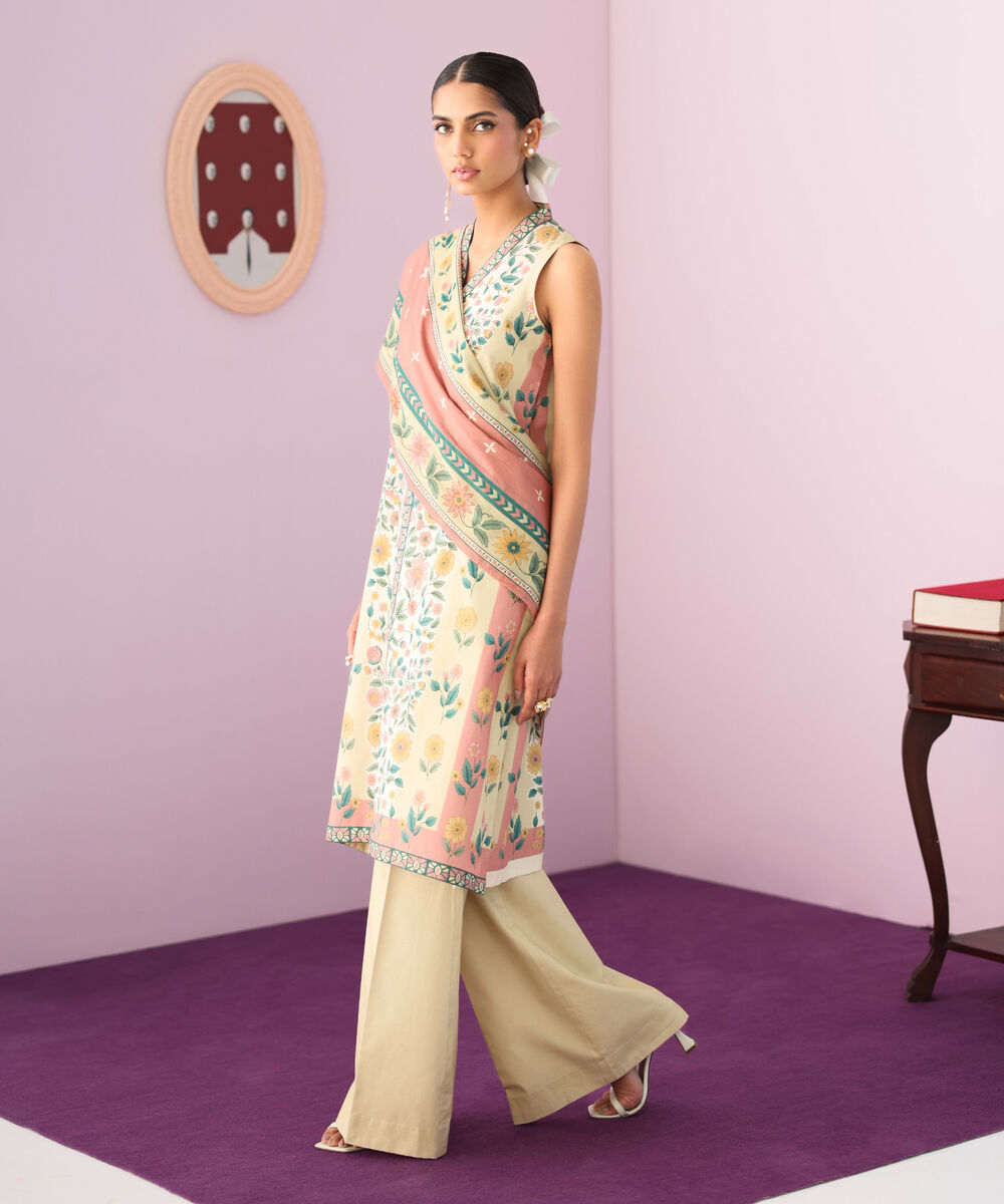 Women's Unstitched Cotton Printed Multi Three Piece Suit