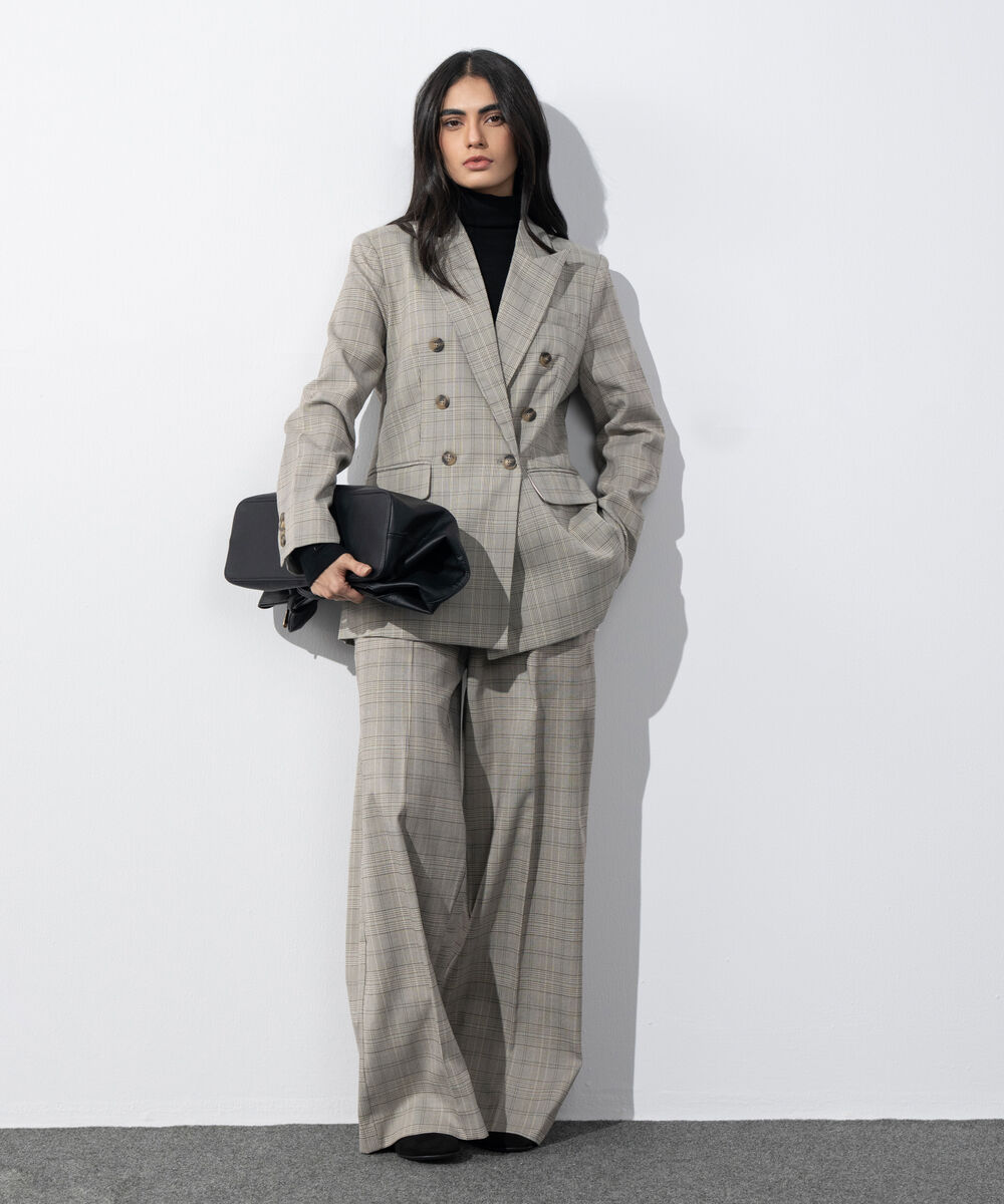 Women's Western Wear Grey Plaid Double Breasted Blazer