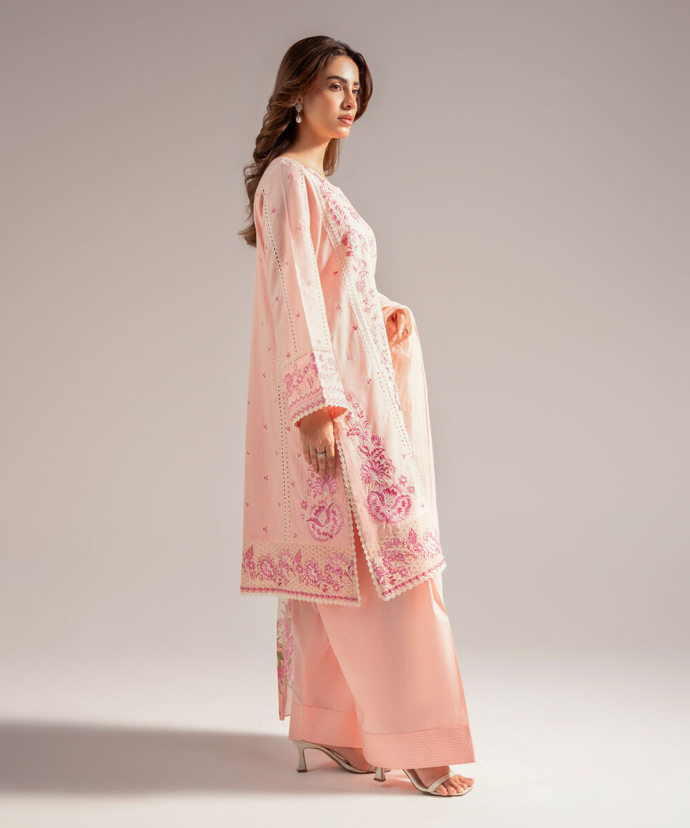 Women's RTW Textured Cotton Embroidered Pink 3 Piece Suit
