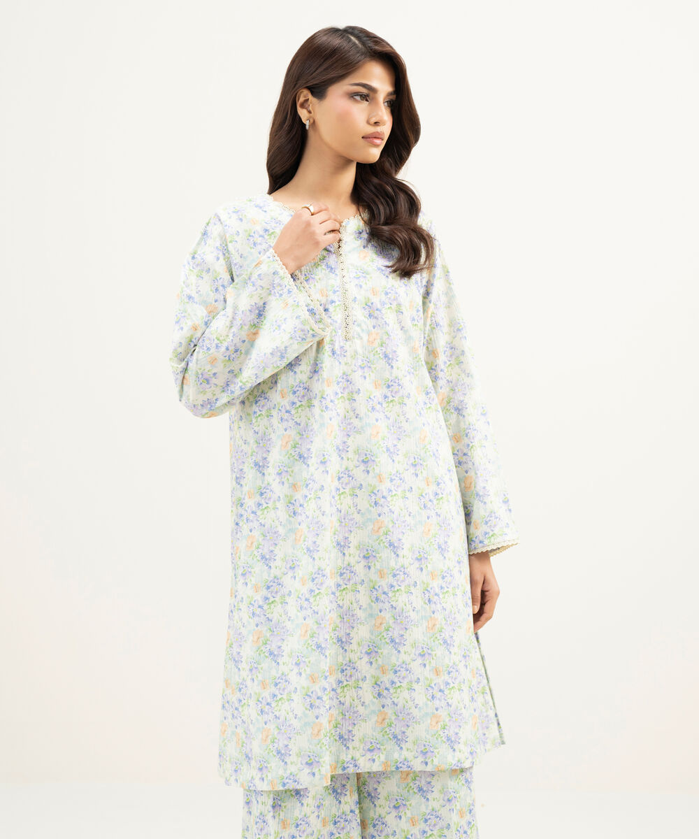 Women's RTW Seersucker Printed Mint Green Straight Shirt